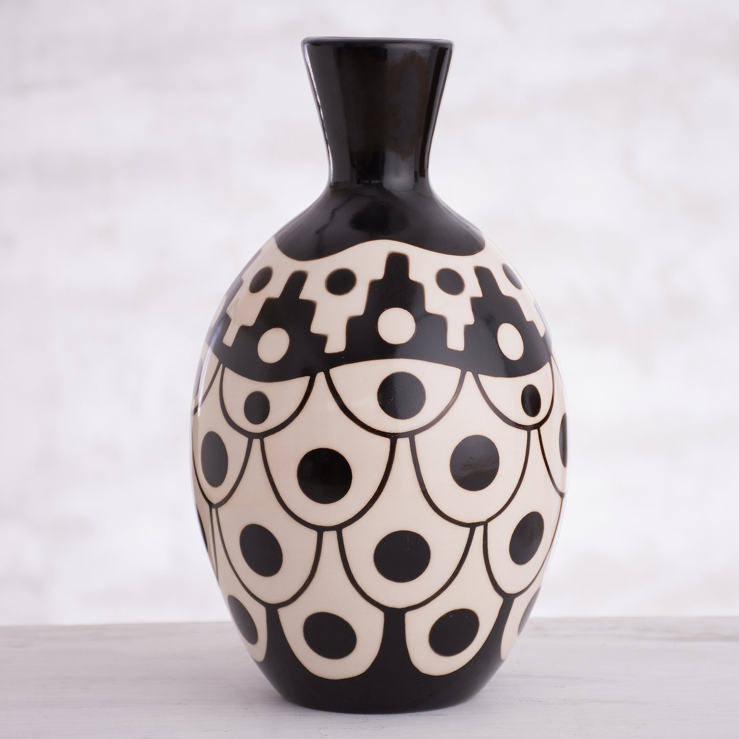 Desert Stair Black and Ivory Chulucanas Ceramic Decorative Vase from Peru