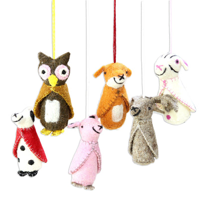 Woodland Animals Animal-Themed Wool Ornaments from India (Set of 6)
