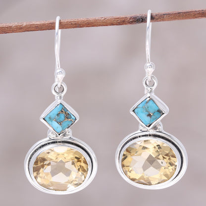 Watery Gold Nine-Carat Citrine and Composite Turquoise Earrings