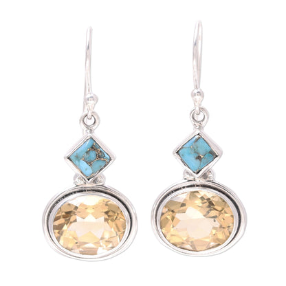 Watery Gold Nine-Carat Citrine and Composite Turquoise Earrings