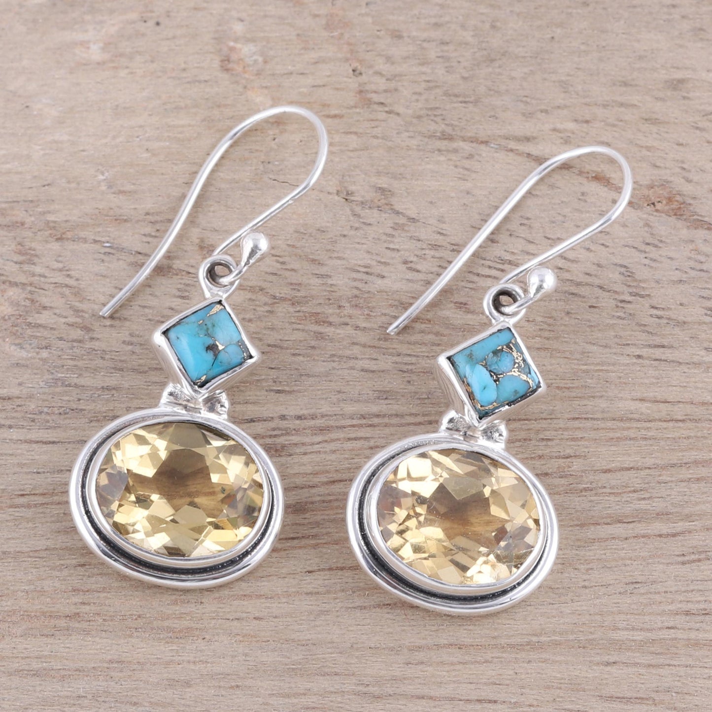 Watery Gold Nine-Carat Citrine and Composite Turquoise Earrings