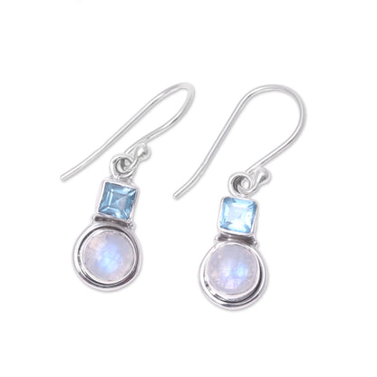 Sky Glimmer Blue Topaz and Rainbow Moonstone Dangle Earrings from India