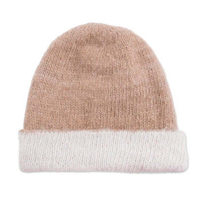 Cozy Winter in Tan 100% Alpaca Hat in Beige and White from Peru