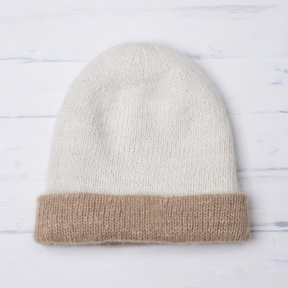 Cozy Winter in Tan 100% Alpaca Hat in Beige and White from Peru