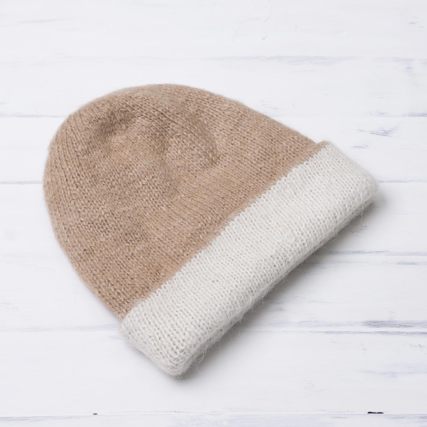 Cozy Winter in Tan 100% Alpaca Hat in Beige and White from Peru