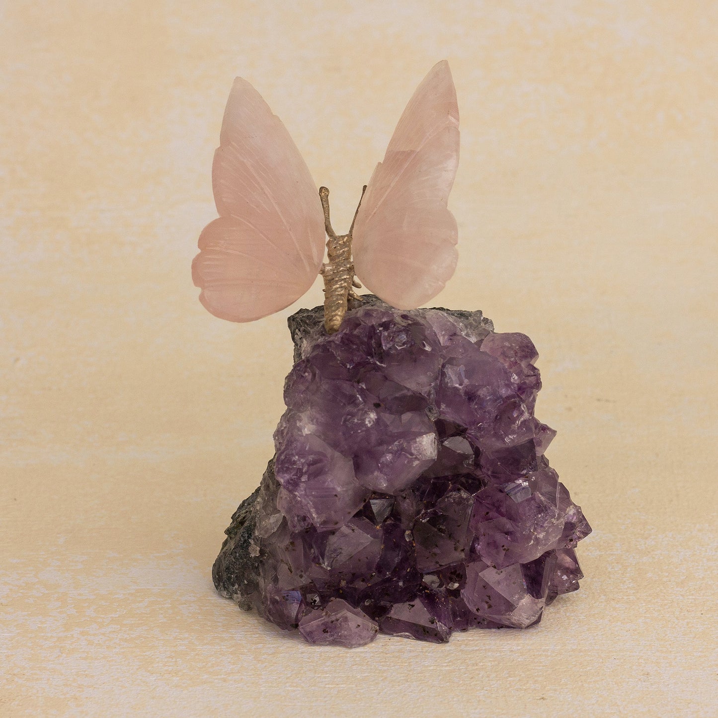 Rosy Wings Rose Quartz Butterfly on Amethyst Nugget Figurine