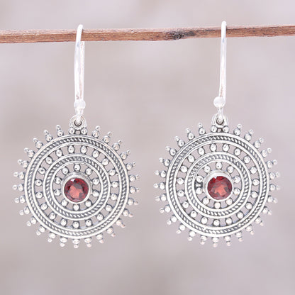 Radiant Wheels Garnet and Sterling Silver Concentric Circle Dangle Earrings