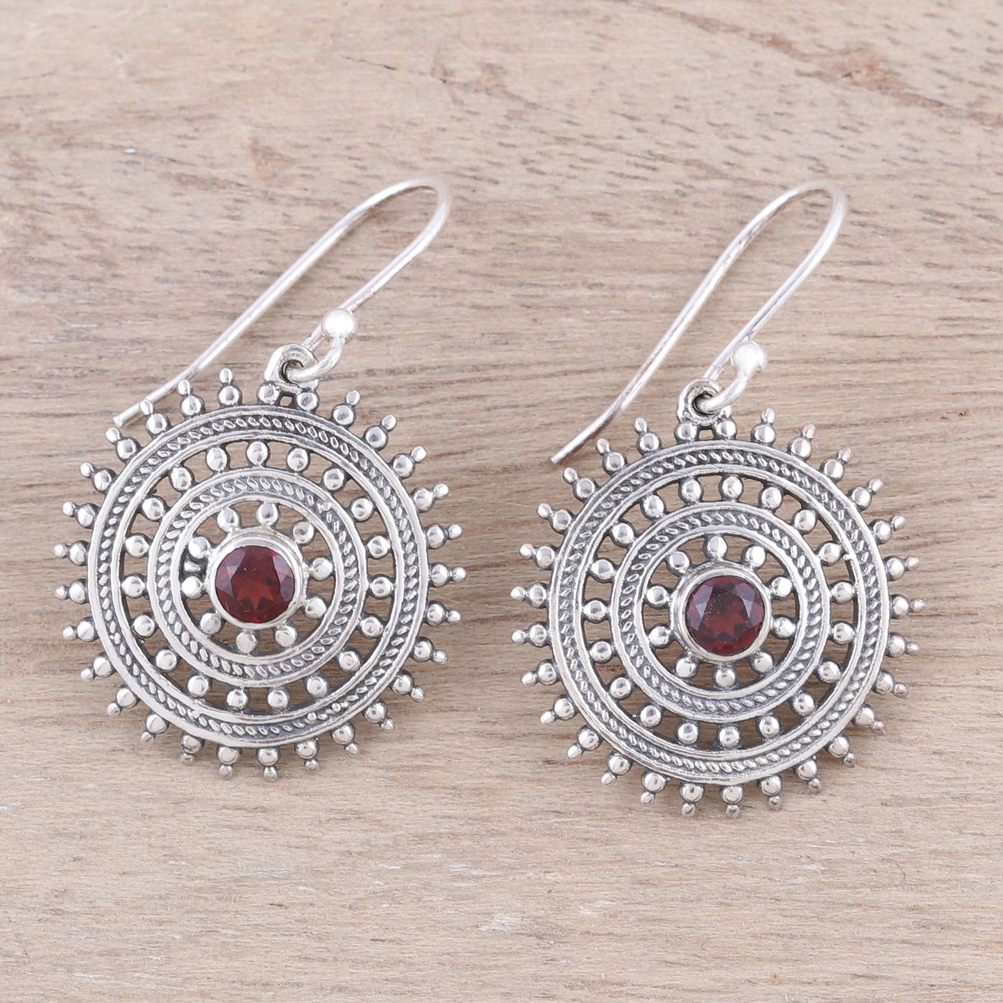 Radiant Wheels Garnet and Sterling Silver Concentric Circle Dangle Earrings