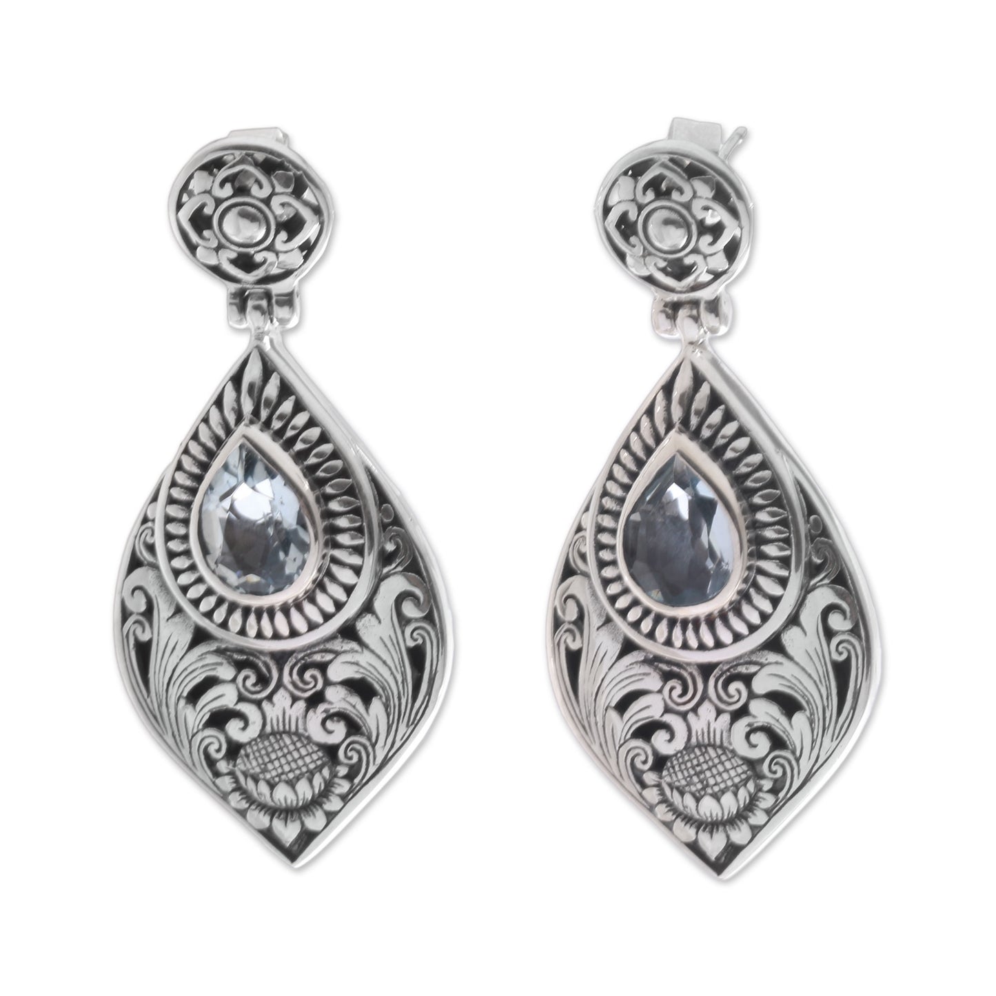 Tari Lotus Blue Topaz & Silver Dangle Earrings