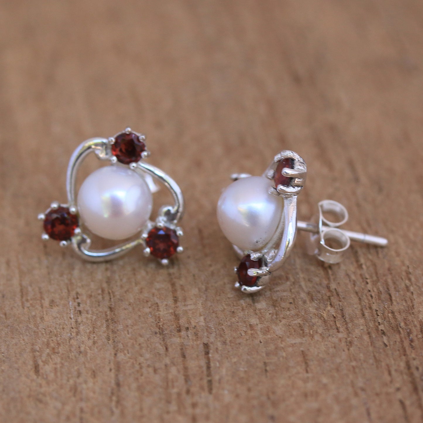 Sparks Fly Cultured Pearl and Garnet Stud Earrings from Bali