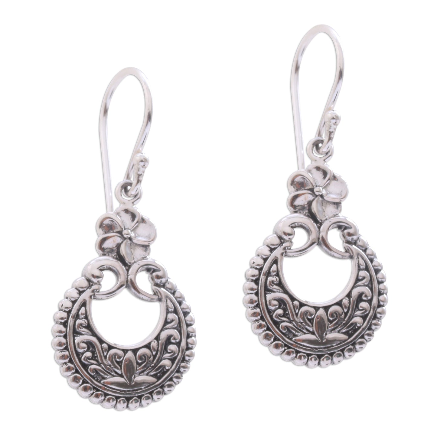 Frangipani Crescents Floral Sterling Silver Dangle Earrings Crafted in Bali