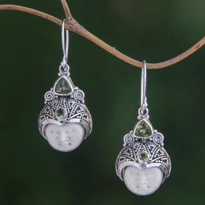 Celuk Pangeran Peridot and Carved Bone Dangle Earrings from Bali