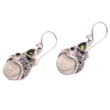 Celuk Pangeran Peridot and Carved Bone Dangle Earrings from Bali