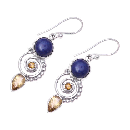 Majestic Spirals Citrine and Lapis Lazuli Spiral Earrings from India