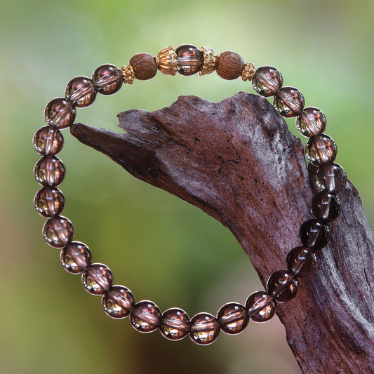 Batuan Tune Smoky Quartz Beaded Stretch Bracelet with Wood Accents