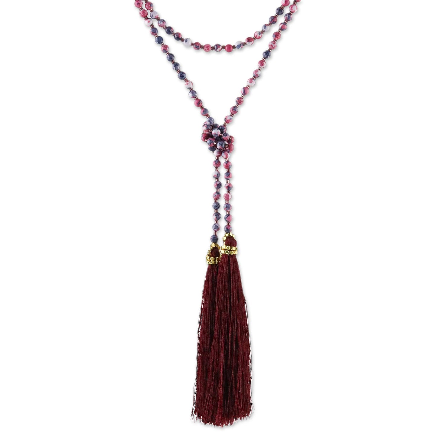 Festive Holiday in Dark Red Agate Beaded Lariat Necklace in Dark Red from Thailand