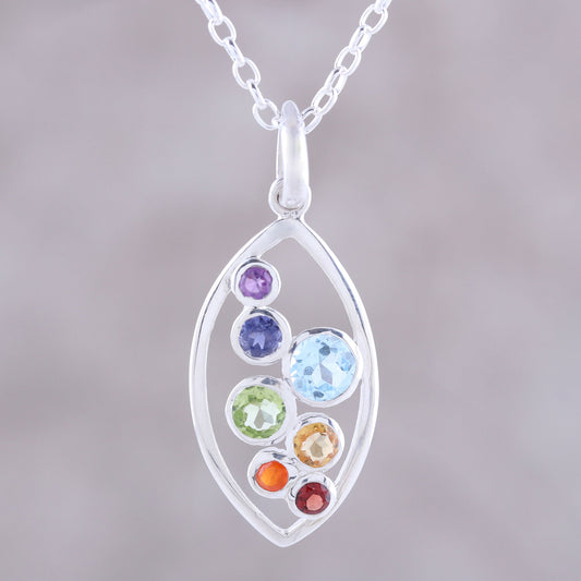 Rainbow Within Multi-Gemstone and Sterling Silver Ellipse Pendant Necklace