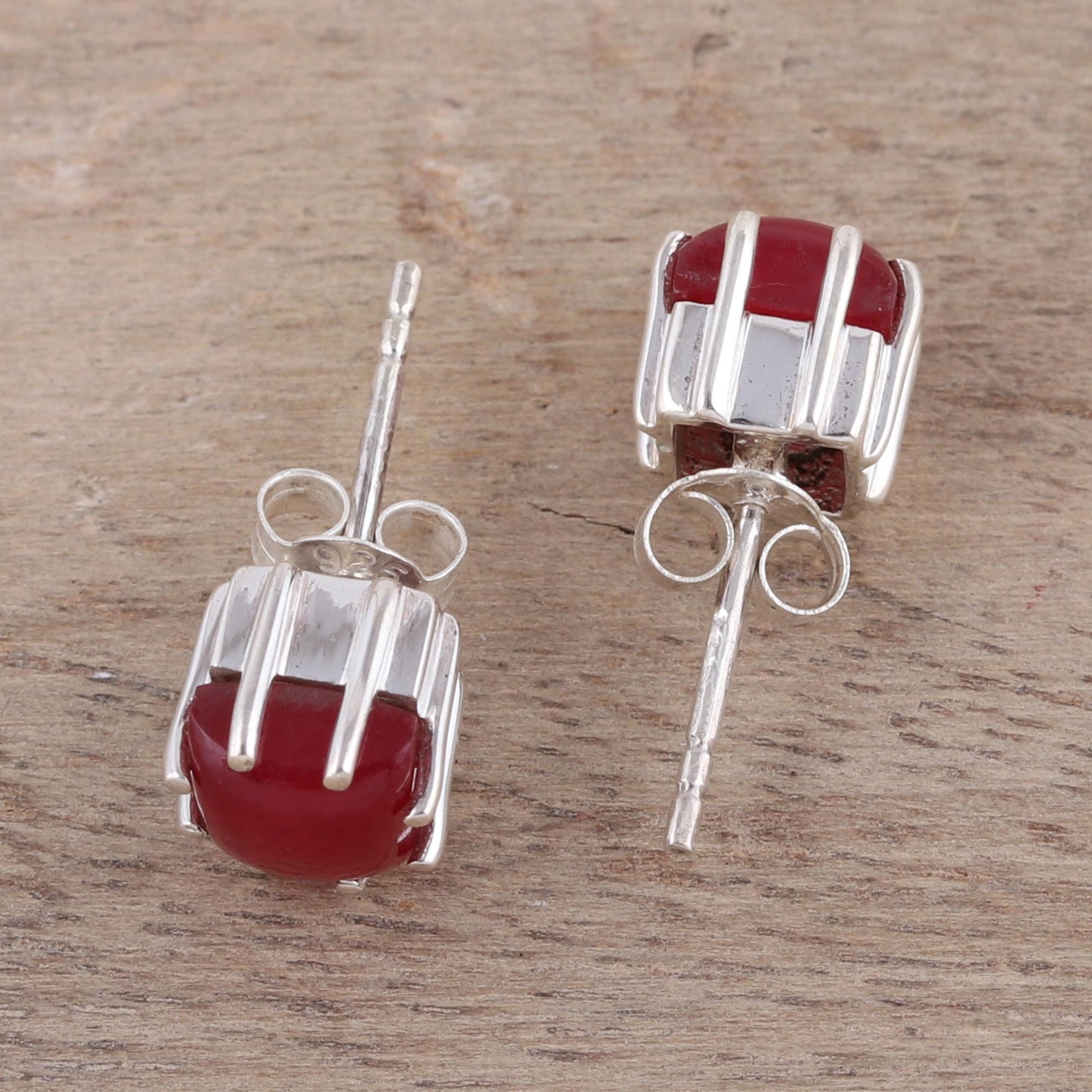 Brilliant Red Red Jasper and Sterling Silver Button Earrings from India