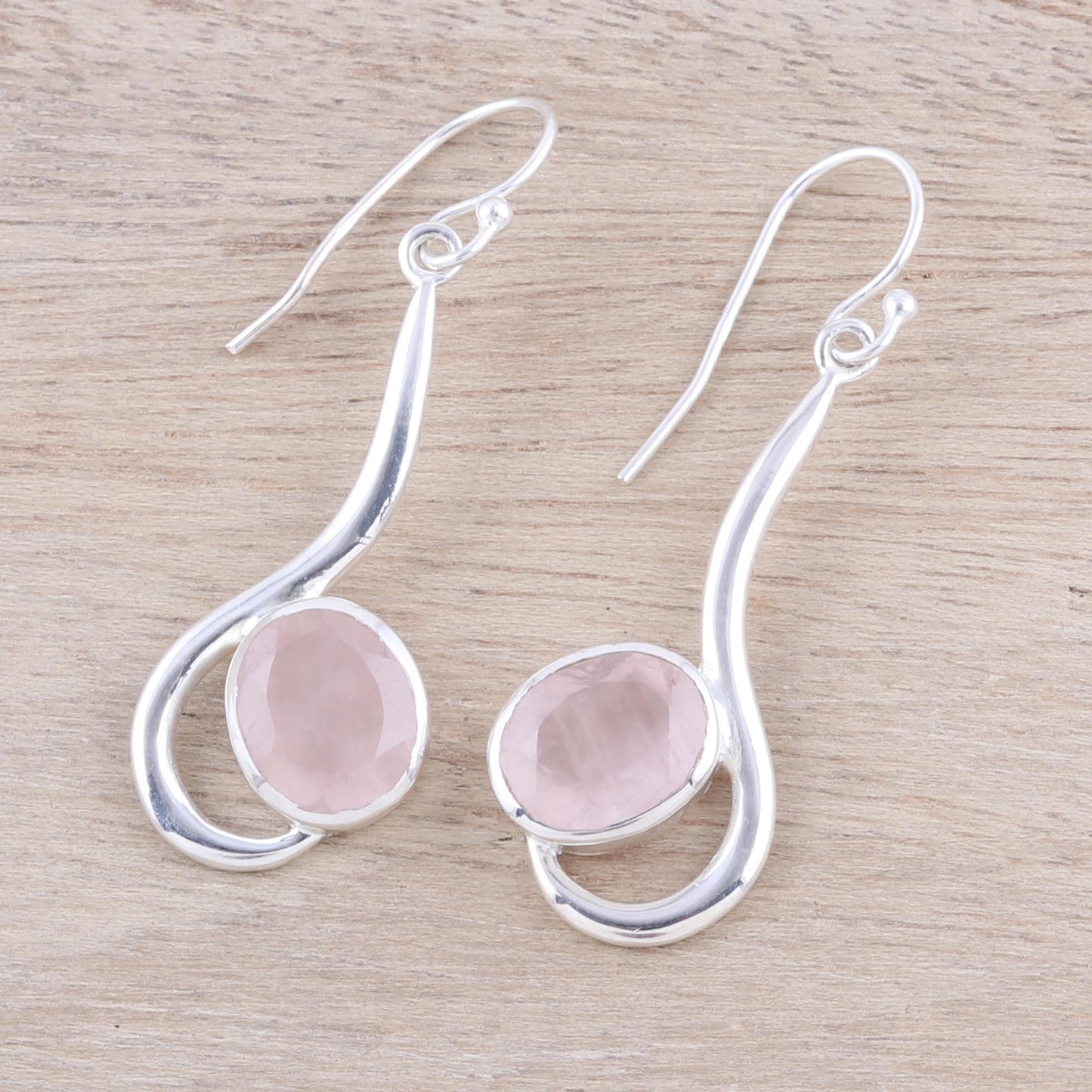 Cool Sabarmati Rose Quartz Ovals Set In Sterling Silver Arc Dangle Earrings