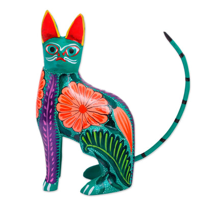 Floral Feline Handcrafted Copal Wood Alebrije Cat Figurine from Mexico