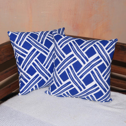 Bedeg in Bali Pair of Blue and White Cotton Cushion Covers from Bali