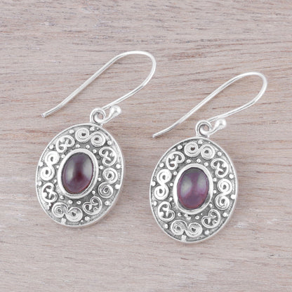 Swirling Ellipse Swirl Motif Oval Garnet Dangle Earrings from India