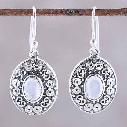 Swirling Ellipse Swirl Motif Rainbow Moonstone Dangle Earrings from India