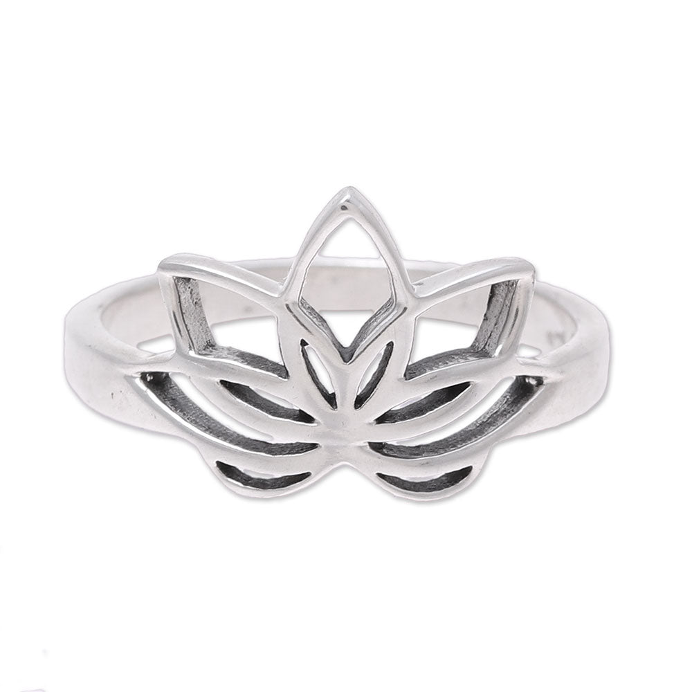 Graceful Lotus Sterling Silver Lotus Flower Cocktail Ring from India
