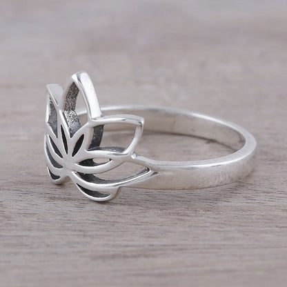 Graceful Lotus Sterling Silver Lotus Flower Cocktail Ring from India