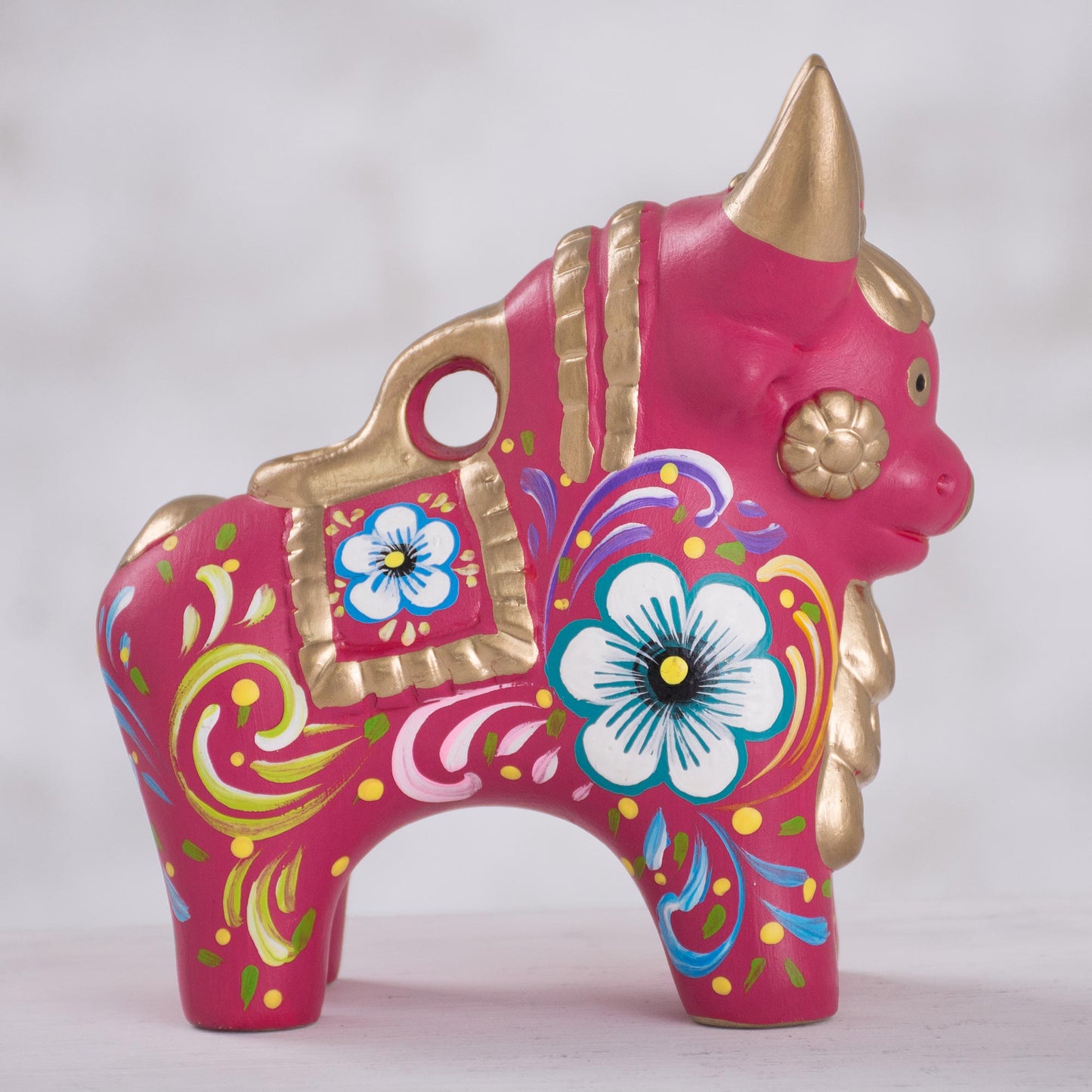 Festive Bull Fuchsia and Multi-Color Floral Motif Ceramic Bull from Peru