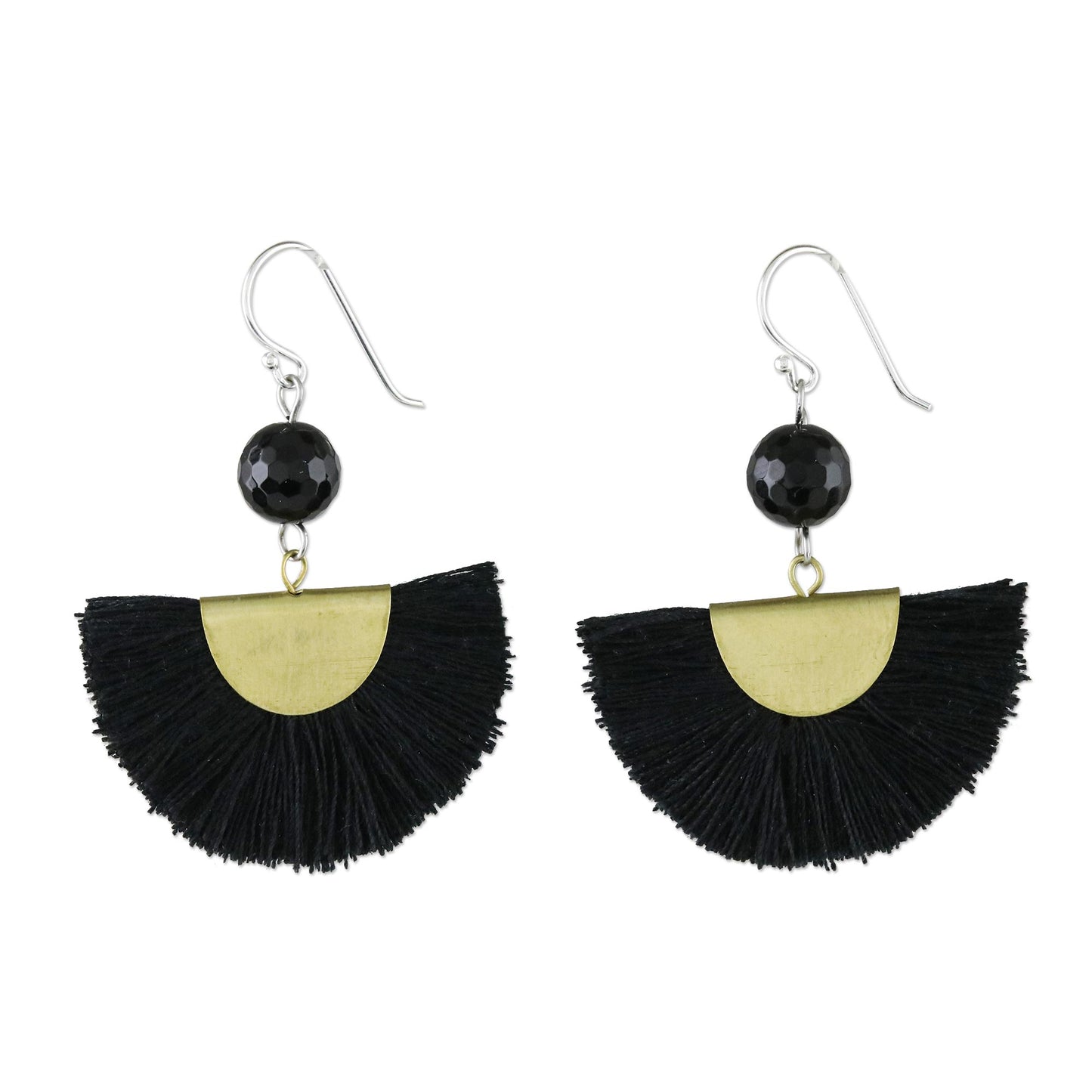 Festival in Black Quartz and Brass Bead Dangle Earrings with Cotton Fringe