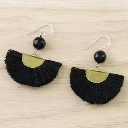 Festival in Black Quartz and Brass Bead Dangle Earrings with Cotton Fringe