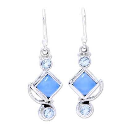 Beauty of the Seas Blue Topaz and Chalcedony Dangle Earrings Handmade in India