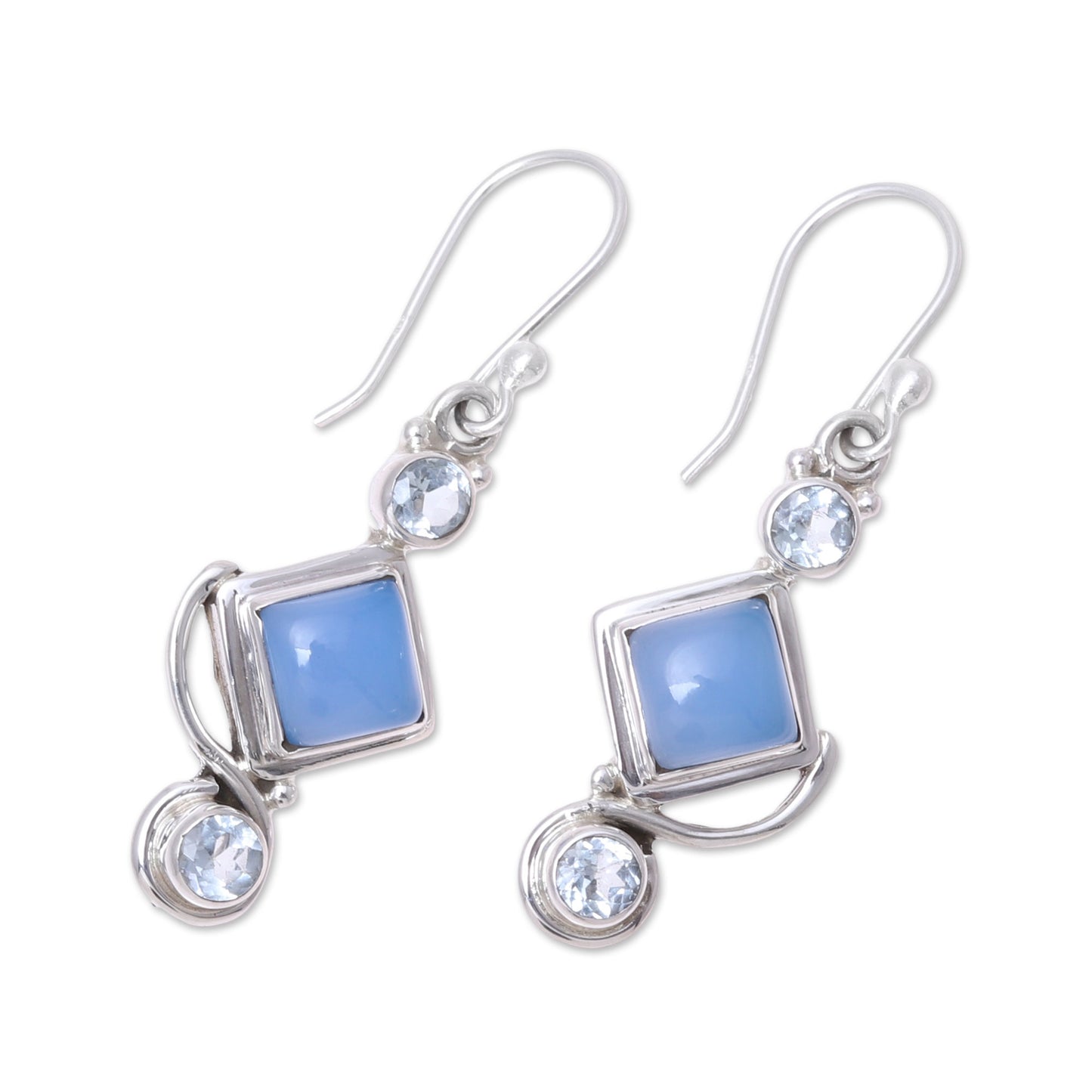 Beauty of the Seas Blue Topaz and Chalcedony Dangle Earrings Handmade in India