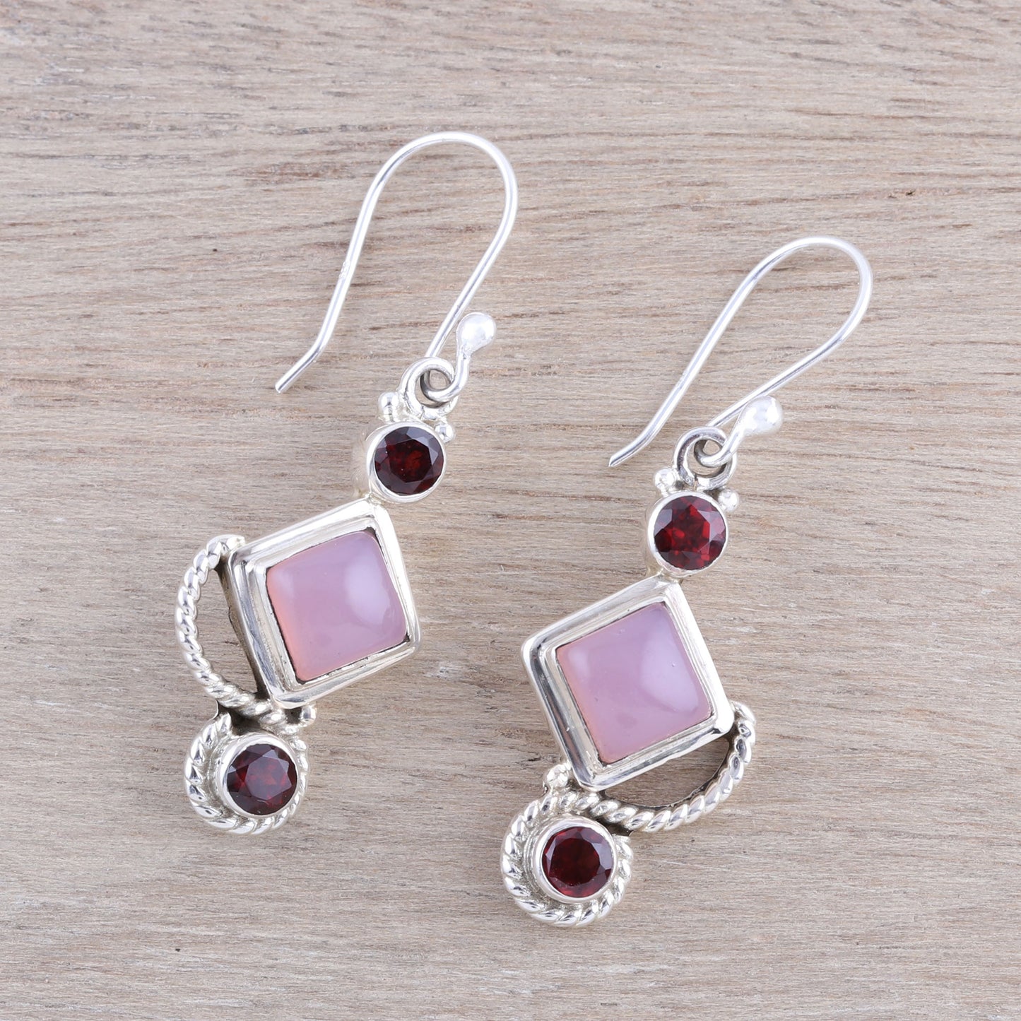 Beauty of the Horizon Garnet and Pink Chalcedony Dangle Earrings Handmade in India