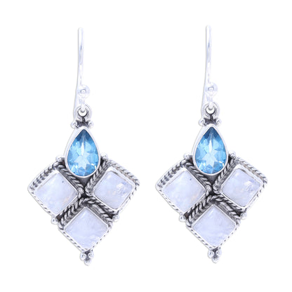 Morning Delight Rainbow Moonstone and Faceted Blue Topaz Earrings from India