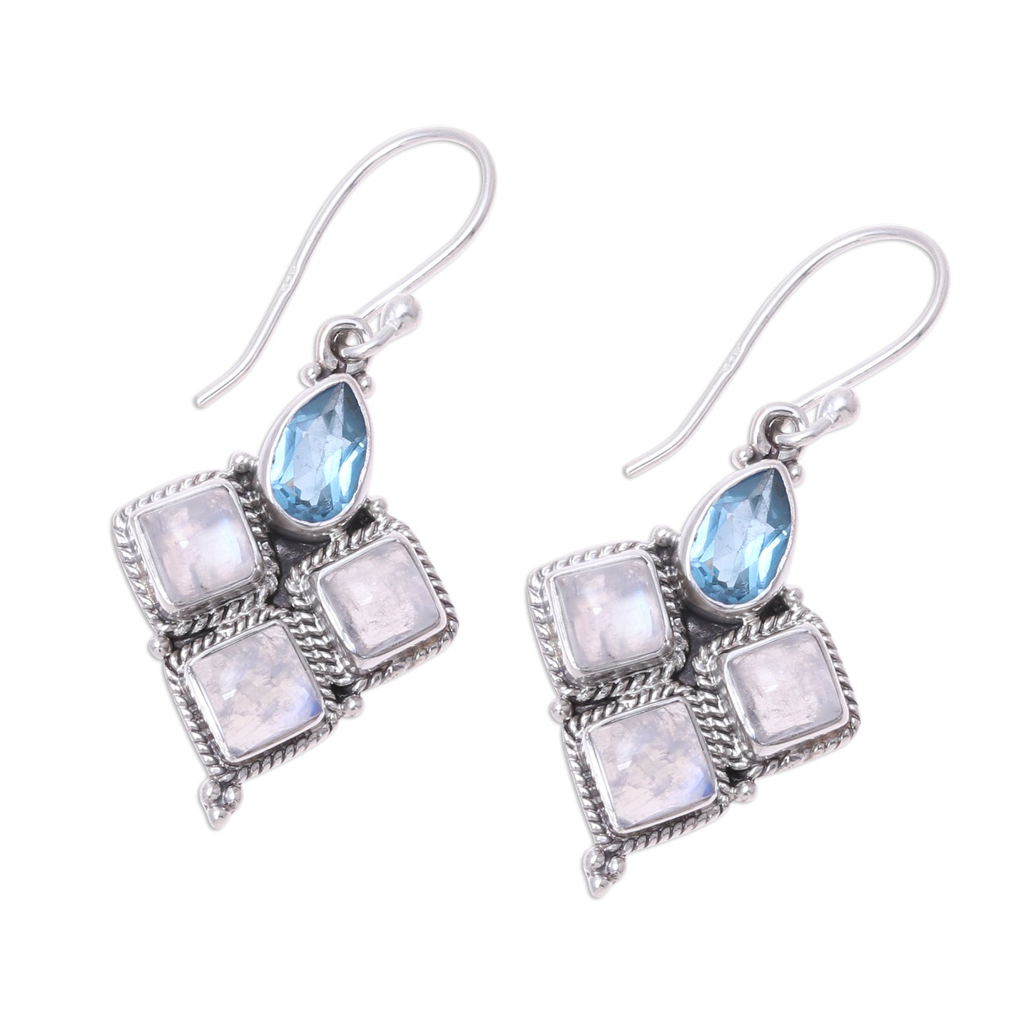 Morning Delight Rainbow Moonstone and Faceted Blue Topaz Earrings from India