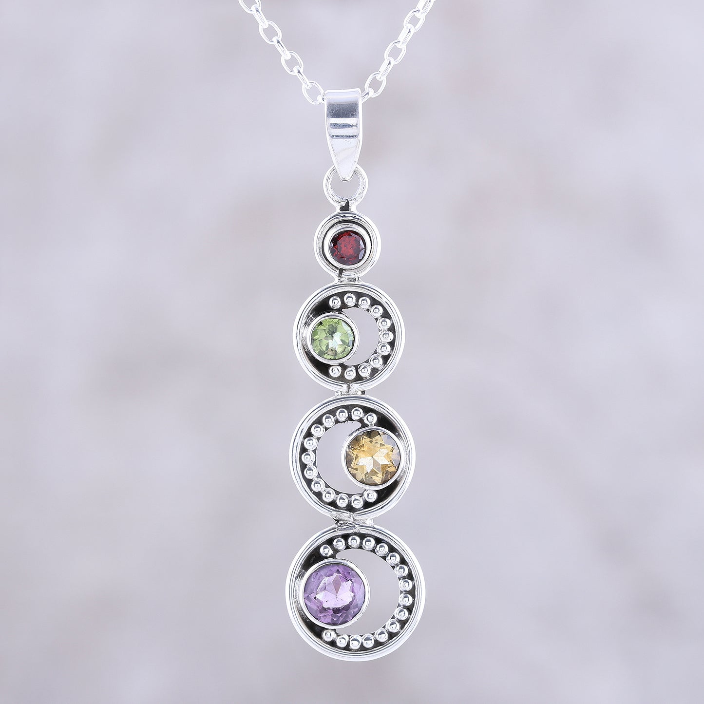 Dancing Crescents Crescent Motif Multi-Gemstone Pendant Necklace from India