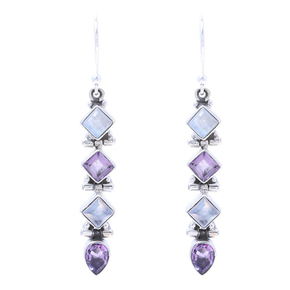 Gemstone Fusion Amethyst and Rainbow Moonstone Dangle Earrings from India