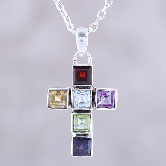 Dazzle with Faith Multi-Gemstone Cross Pendant Necklace from India