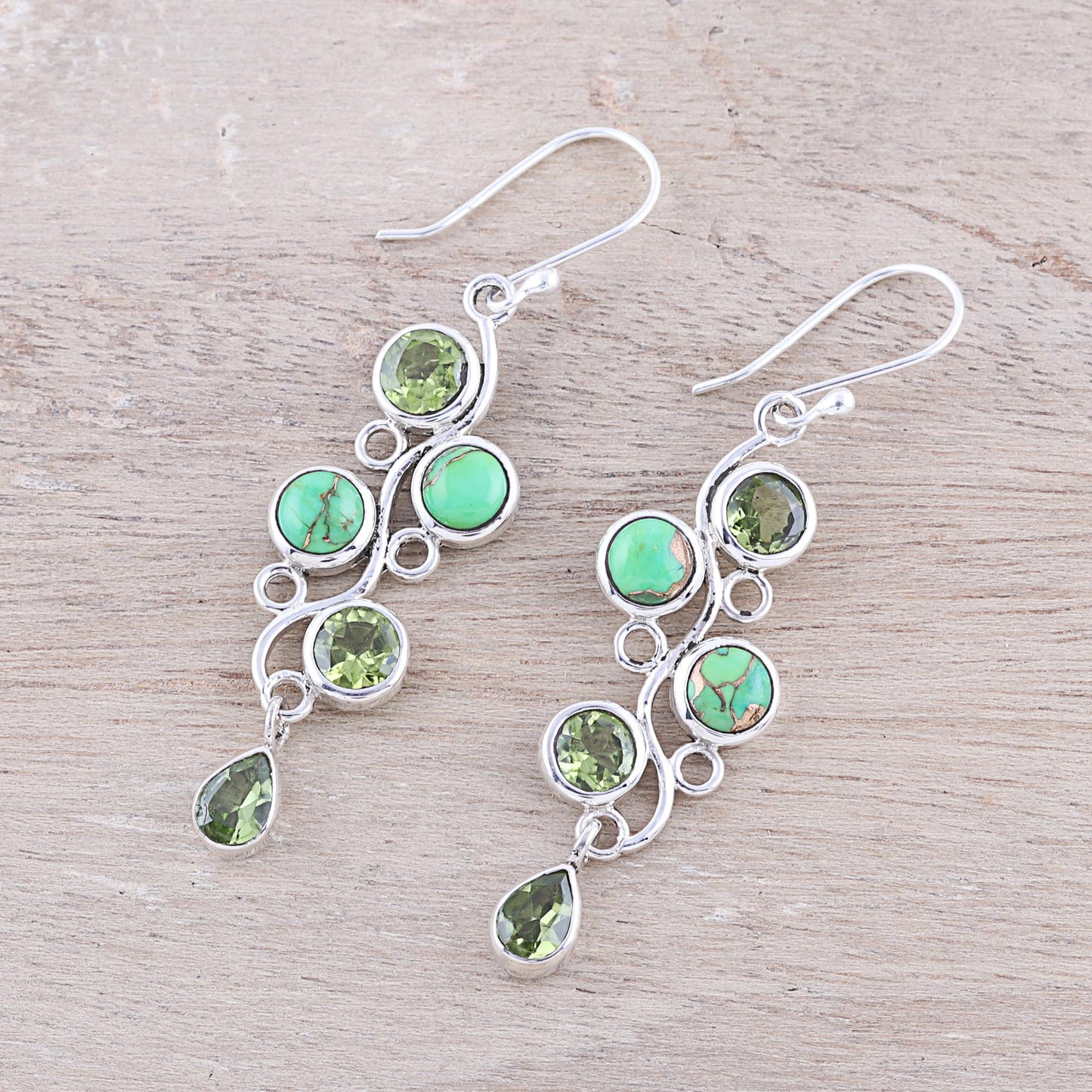 Green Sheen Peridot and Composite Turquoise Dangle Earrings from India