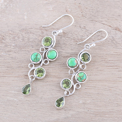 Green Sheen Peridot and Composite Turquoise Dangle Earrings from India