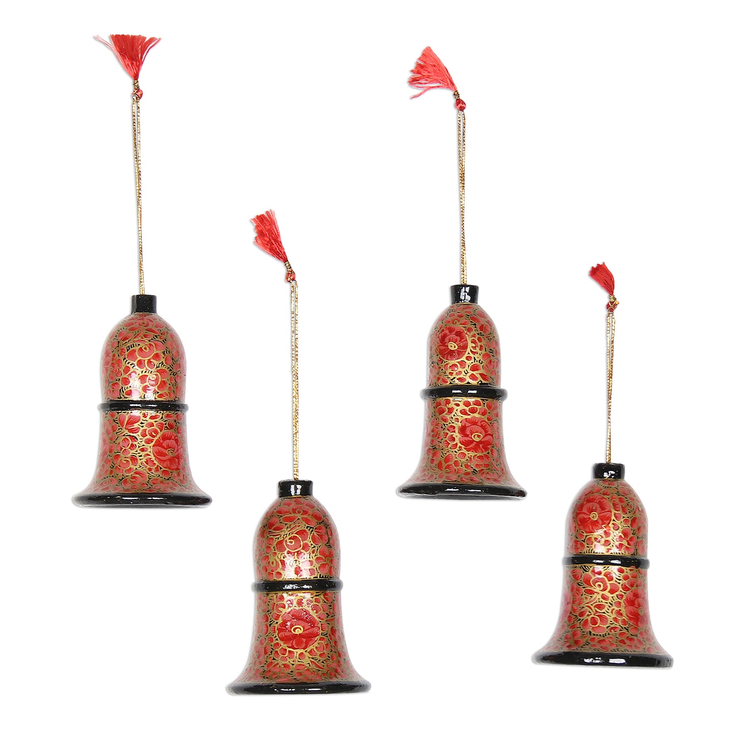 Floral Excitement Artisan Crafted Papier Mache Bell Ornaments (Set of 4)