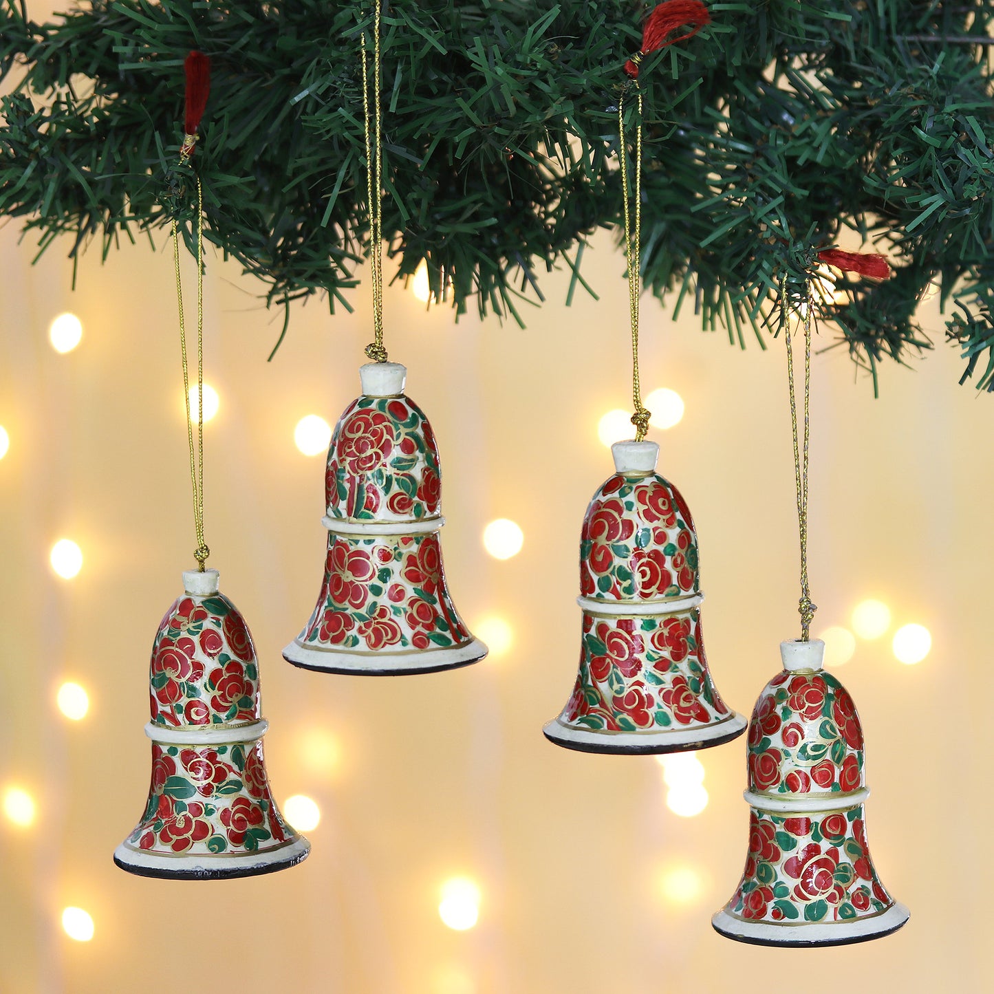 Kashmir Bells Handmade Papier Mache Bell Ornaments from India (Set of 4)