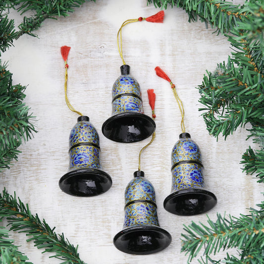 Blue Bloom Papier Mache Bell Ornaments in Blue from India (Set of 4)