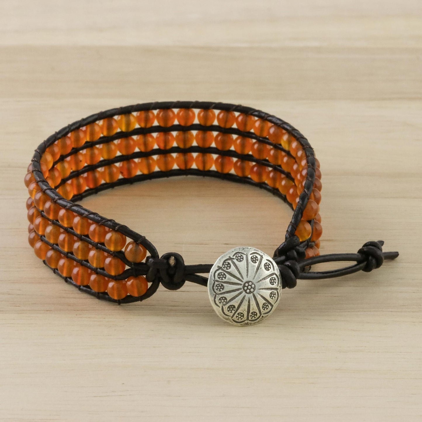 Apricots Carnelian Bead and Karen Silver Button Wristband Bracelet