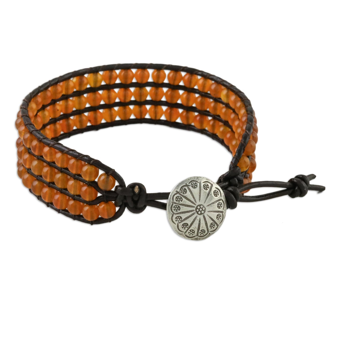 Apricots Carnelian Bead and Karen Silver Button Wristband Bracelet