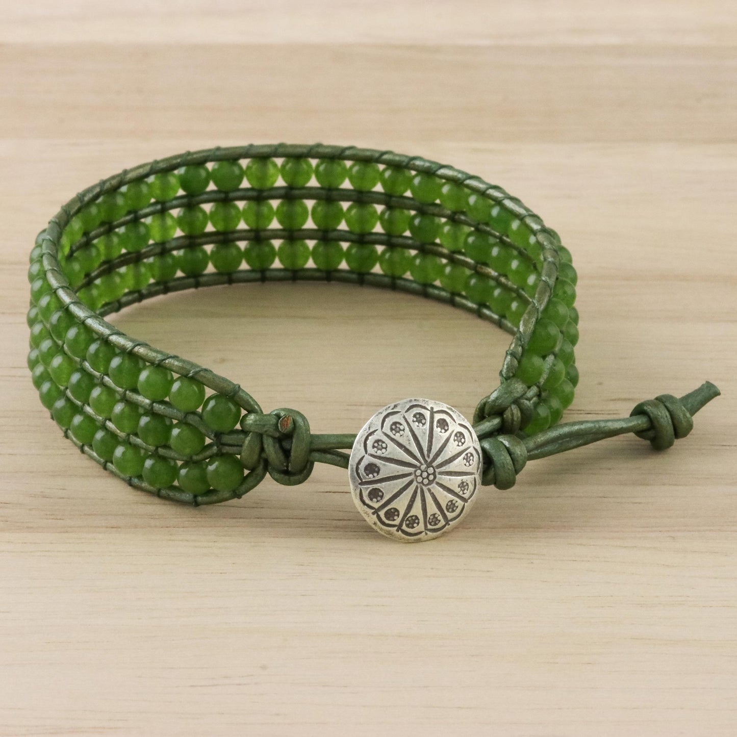 Verdant Field Green Quartz and Karen Silver Button Wristband Bracelet