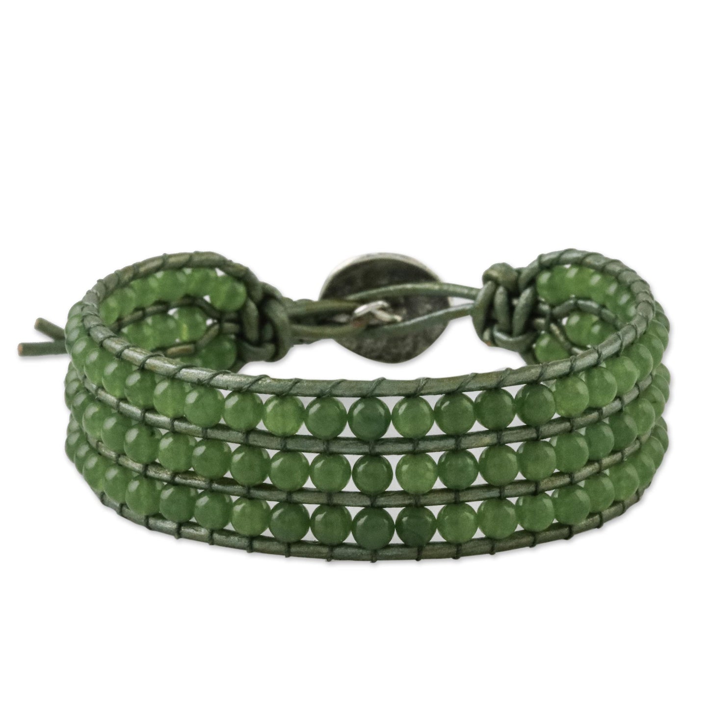 Verdant Field Green Quartz and Karen Silver Button Wristband Bracelet