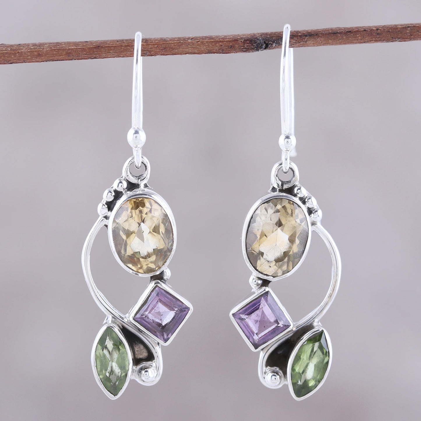 Sun with Violets Multi-Gem Citrine Earrings